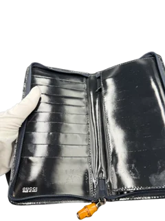 Gucci Bamboo Zip Around Wallet Black Nylon Patent Leather Trim